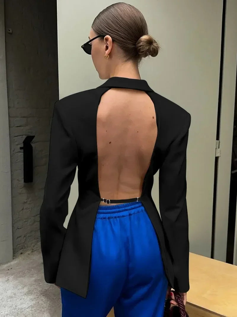 Backless Black Suit Long Sleeve Blazer Coat