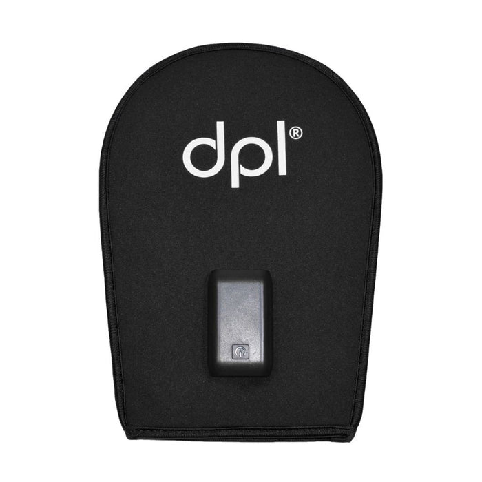 A black neoprene DPL red light therapy hand mitt with a white printed logo 'dpl' and a central battery, shown against a plain white background.
