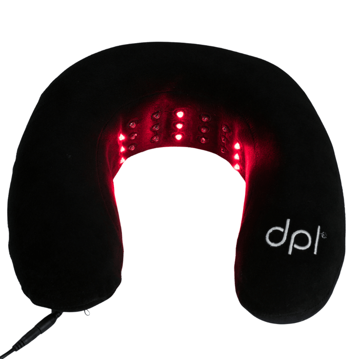 Black neck pillow with red LED lights and 'dpl' branding on a white background
