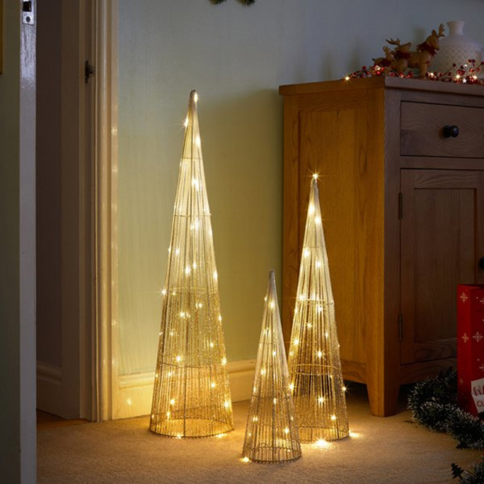 Gold Sparkly LED TreeBelisk Cone - Set of 3