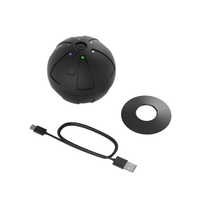 Hypersphere Go massage ball shown with USB cable and circular component on a white background