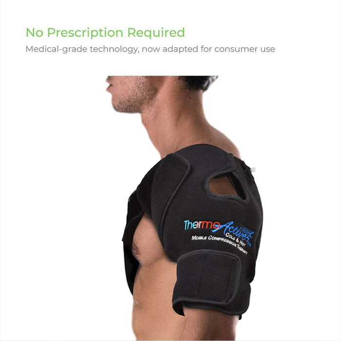 A man shown from the side wearing a black shoulder therapy device with a cutout, on a white background with promotional text at the top reading 'No Prescription Required'. The brace has a visible 'ThermoActive' logo on the front.