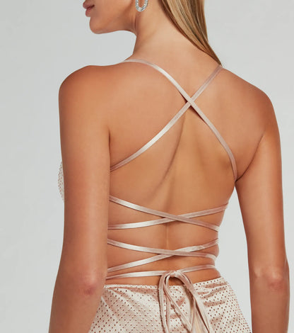 Whittney Lace-Up Rhinestone Satin Formal Dress