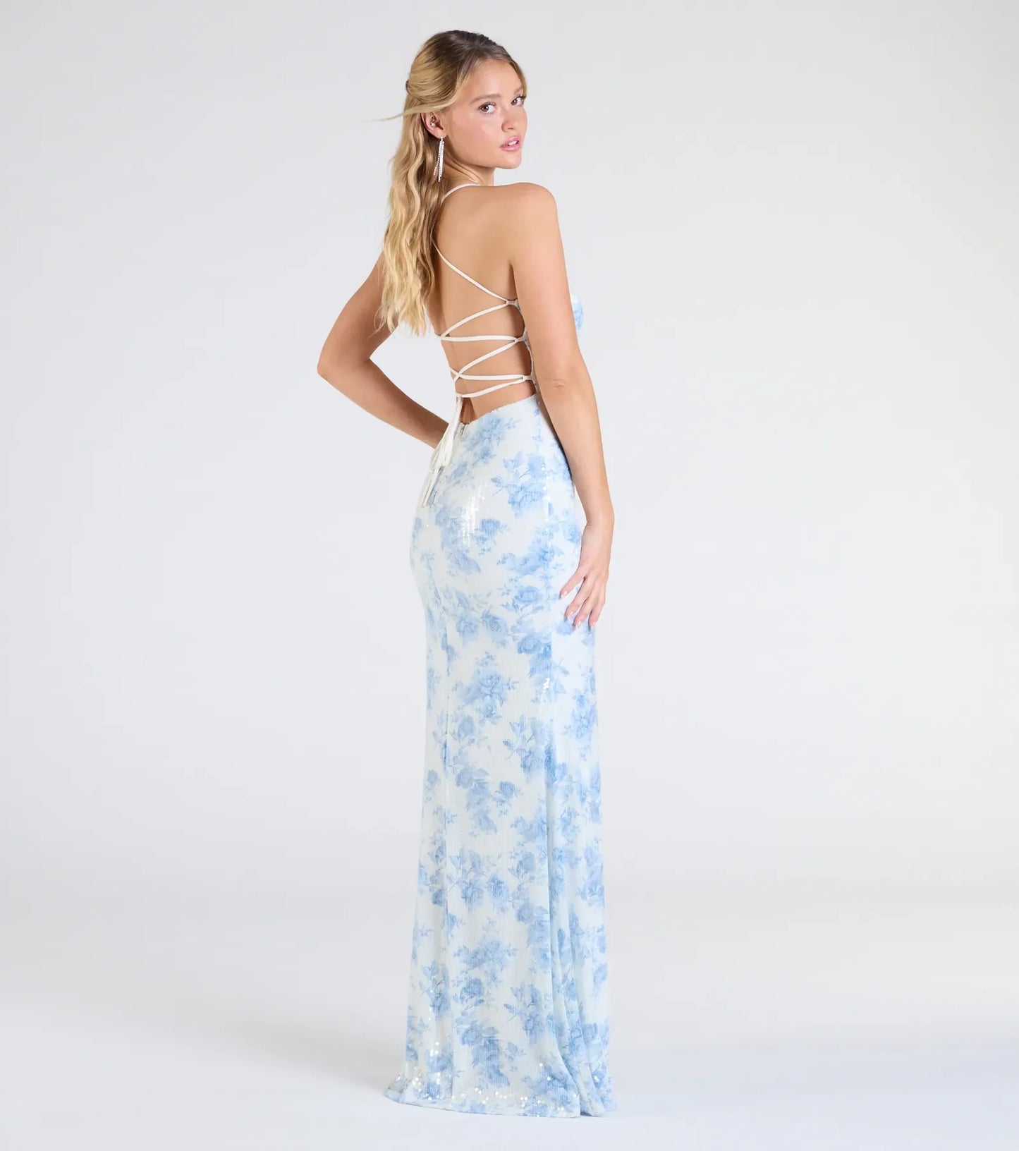 Nala Lace-Up Floral Sequin Formal Dress