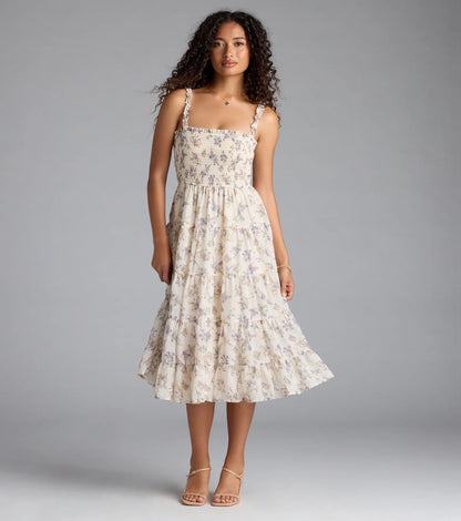 Effortless Love Ruffled Floral Chiffon Midi Dress