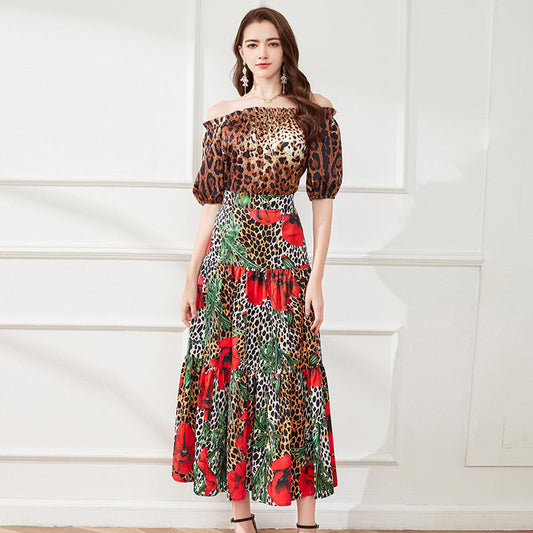off shoulder Leopard Print Short Sleeve Top Leopard Print Flower Big Dress Two piece Set