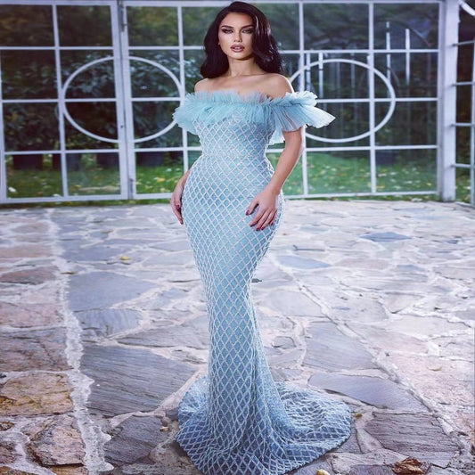 ElegantSequ Sky Blue off Shoulder Lace Tube Top Dress Casual Cocktail Dress
