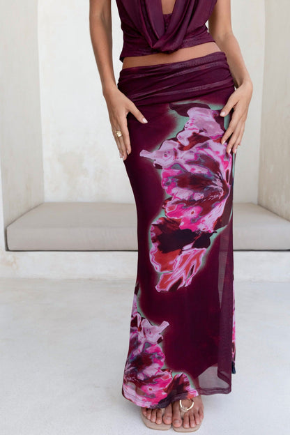 Bloom At Dawn Mesh Maxi Skirt Plum