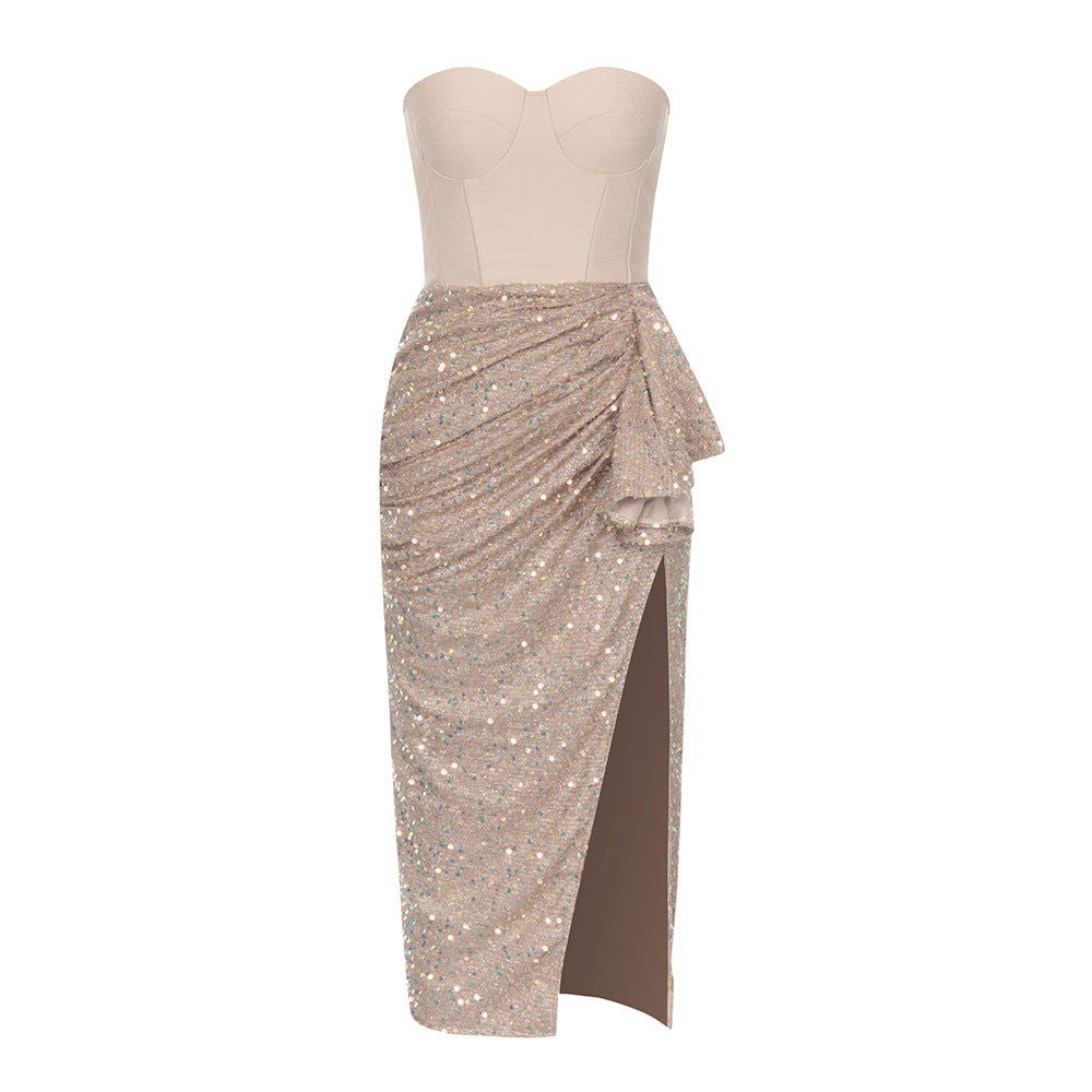 Bandage Dress Simple Tube Top Backless Stitching Sequ High Slit Ruffled Slim Dress