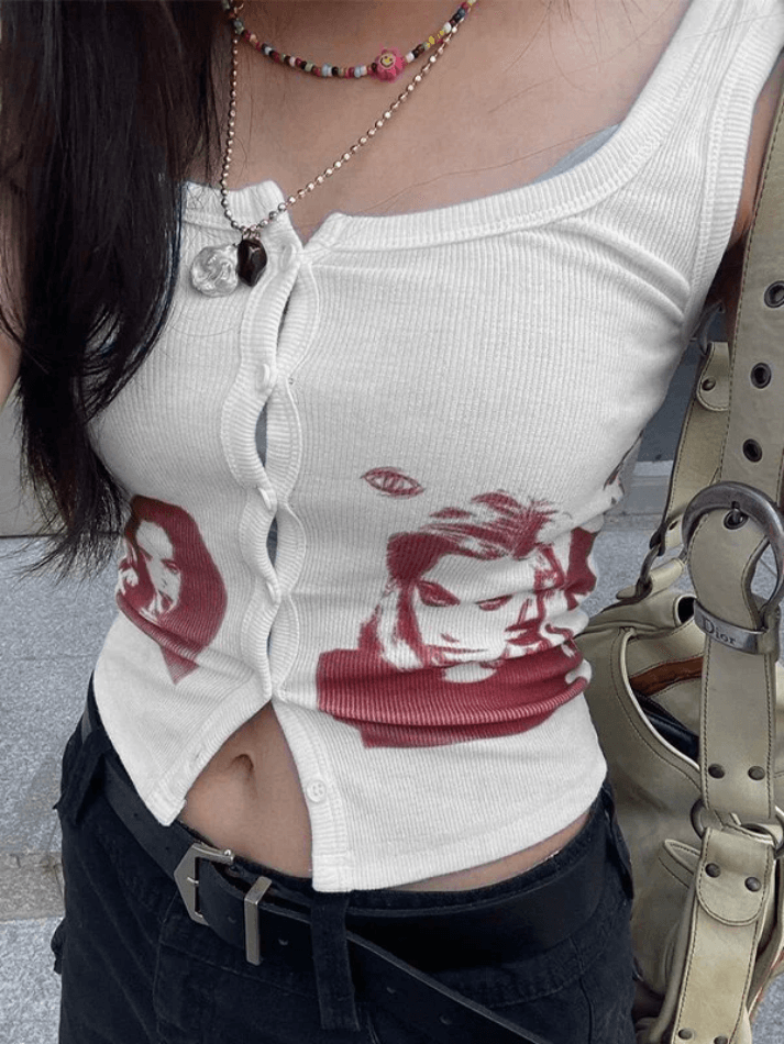 Button Front Ribbed Cropped Tank Top