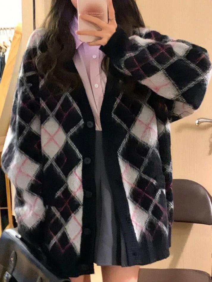 Check jacquard loose cardigan