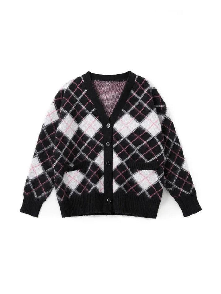 Check jacquard loose cardigan