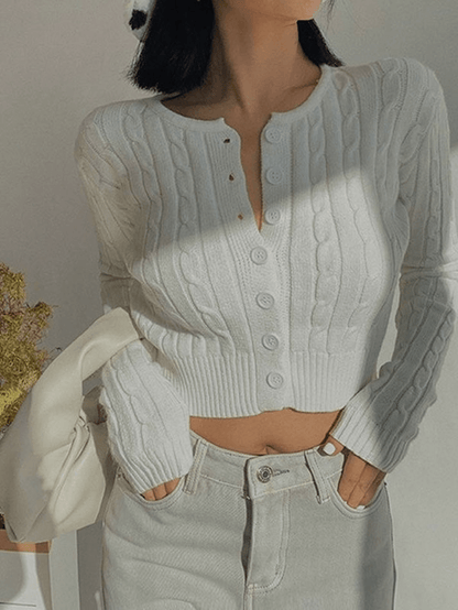 Cropped button cable knit cardigan