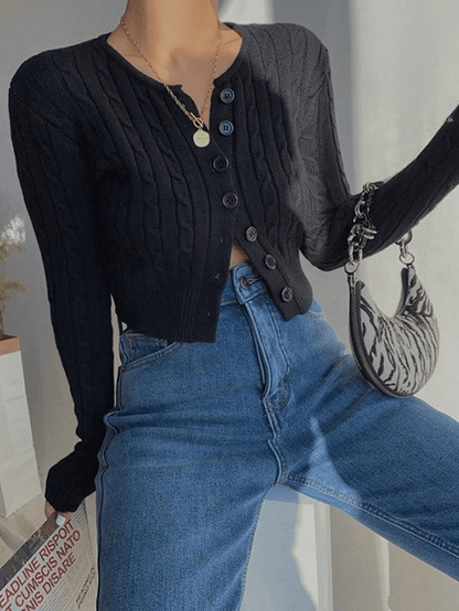 Cropped button cable knit cardigan
