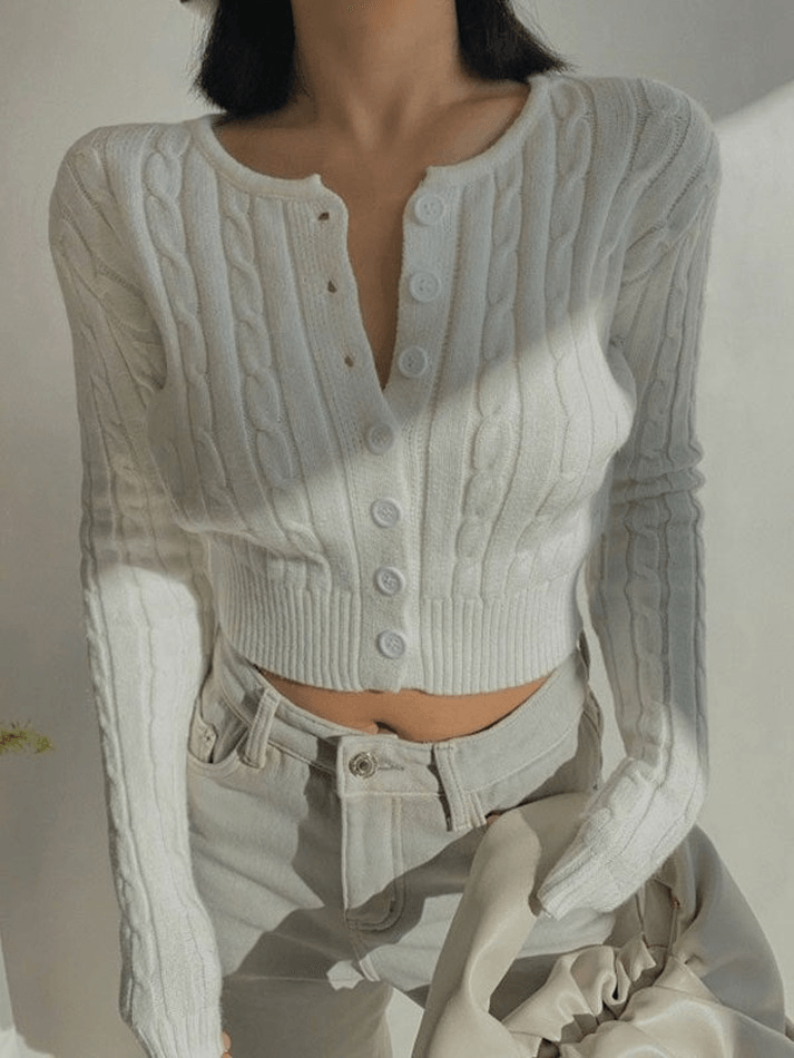 Cropped button cable knit cardigan