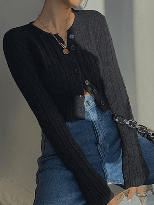 Cropped button cable knit cardigan