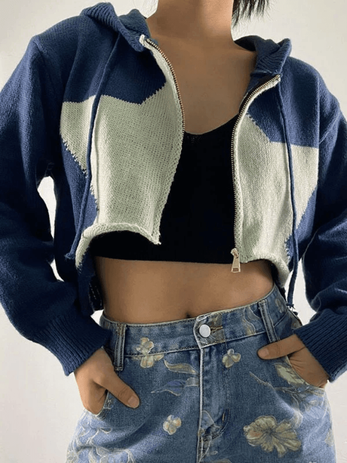 Hooded star zip-up cropped cardigan