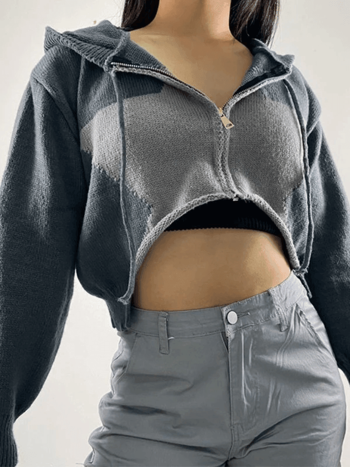 Hooded star zip-up cropped cardigan