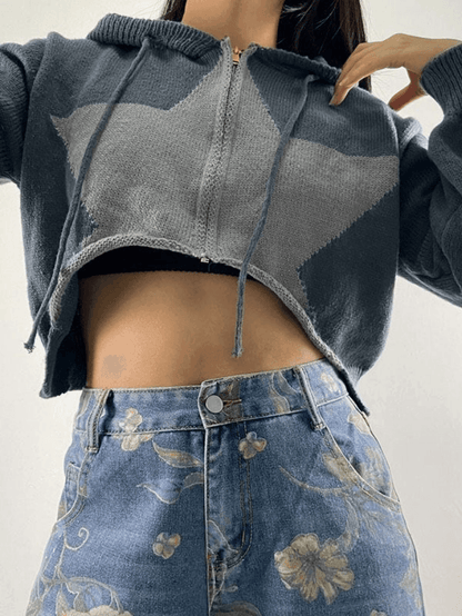 Hooded star zip-up cropped cardigan
