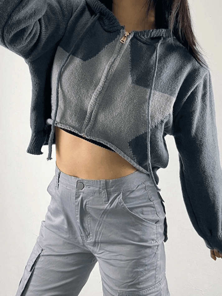 Hooded star zip-up cropped cardigan