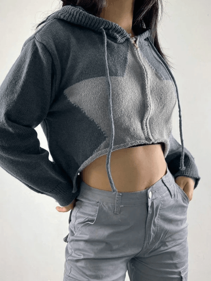 Hooded star zip-up cropped cardigan