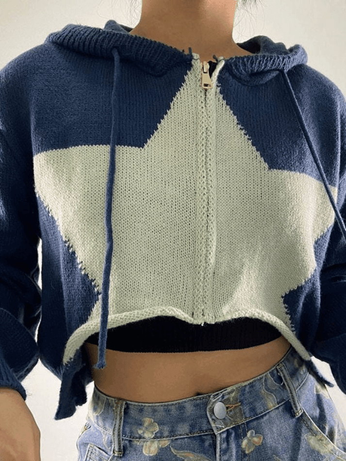 Hooded star zip-up cropped cardigan