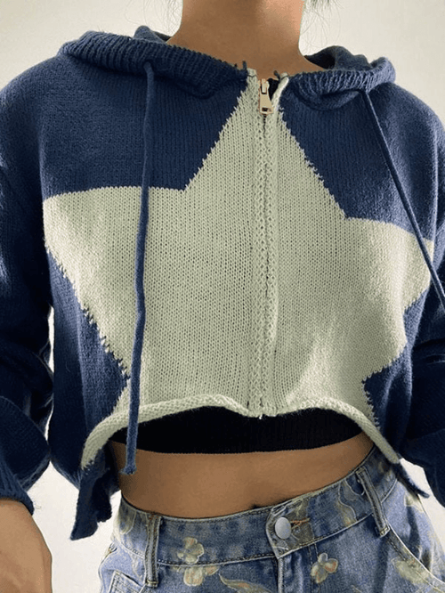 Hooded star zip-up cropped cardigan