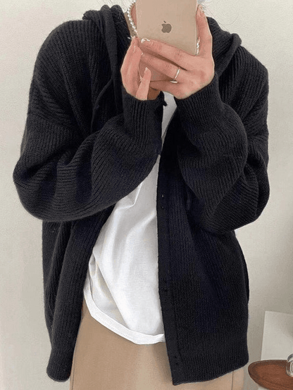 Hooded button front knit cardigan