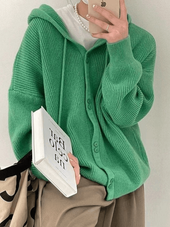 Hooded button front knit cardigan
