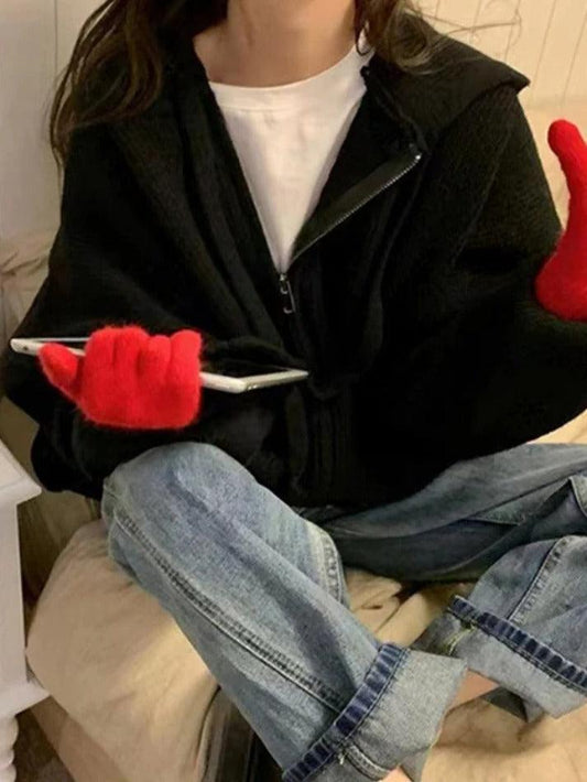 Oversize zip up hooded knit cardigan