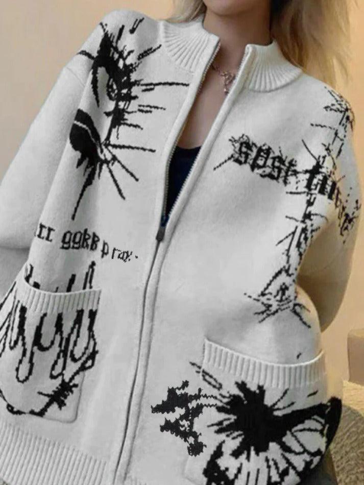 Different print big pocket knit cardigan