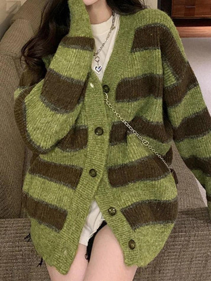 Button front striped knit cardigan