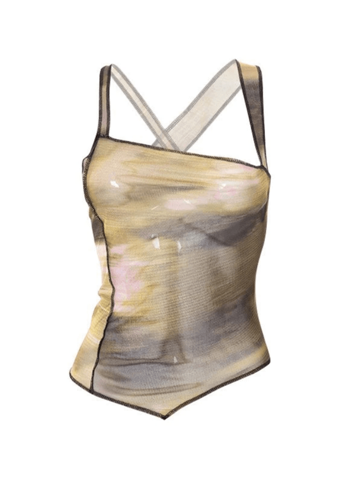 Cross Back Asymmetric Mesh Tank Top