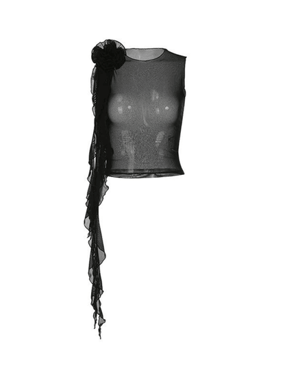 Flower Embellish Sheer Mesh Cropped Tank Top