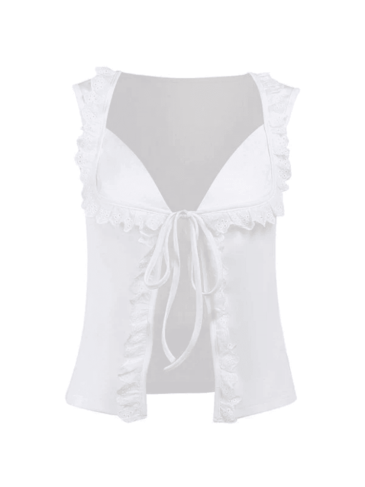 Frill Trim Lace Up White Tank Top