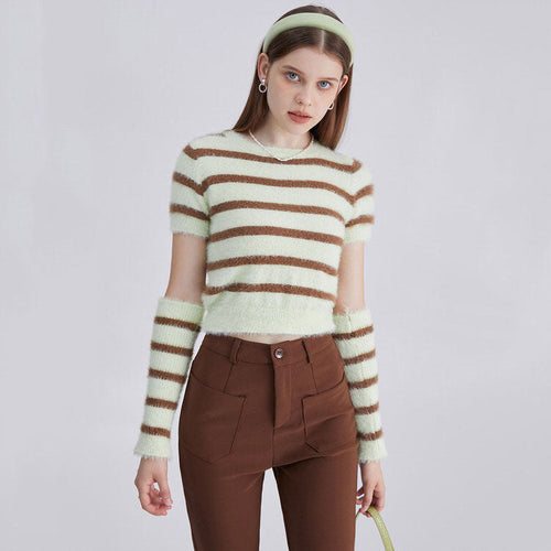 Fuzzy Striped Top + Gloves Set