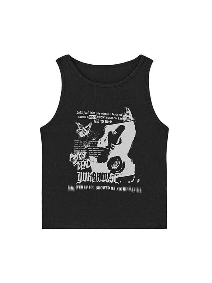 Gothic Punk Printed Rib Crop Tank Top