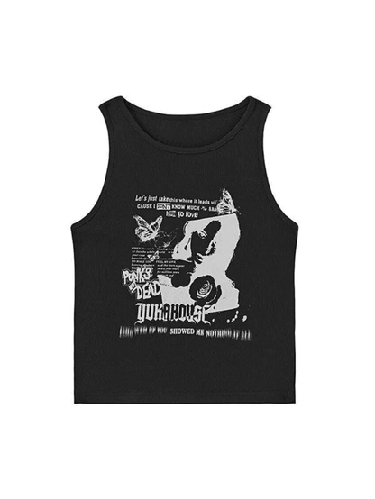 Gothic Punk Printed Rib Crop Tank Top
