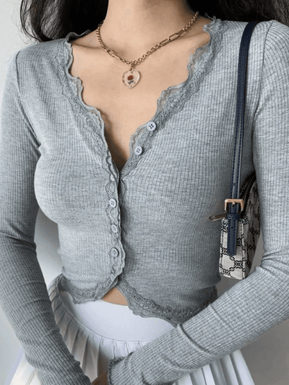 Lace trim button front knit crop top