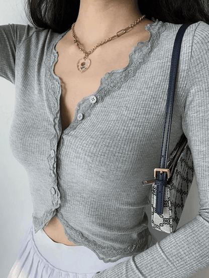 Lace trim button front knit crop top