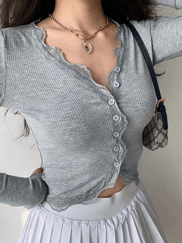 Lace trim button front knit crop top