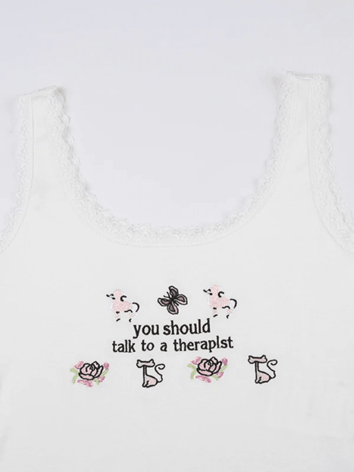 Lace Patch Embroidery Cropped Tank Top