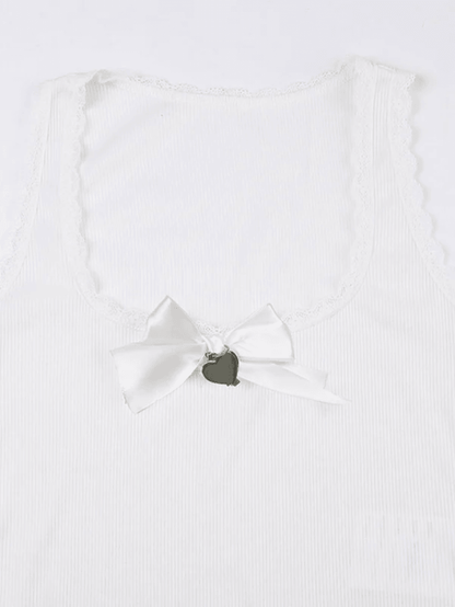Lace Trim Bow White Tank Top