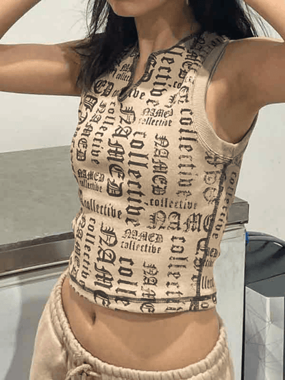 Letter Print V Neck Short Tank Top