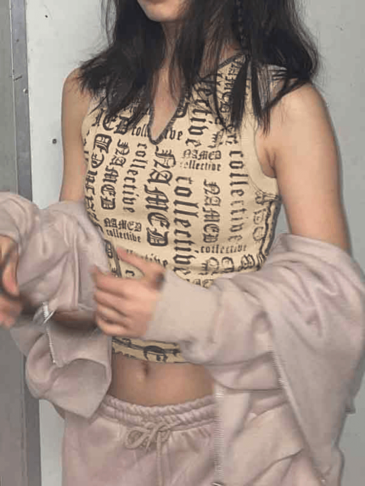 Letter Print V Neck Short Tank Top