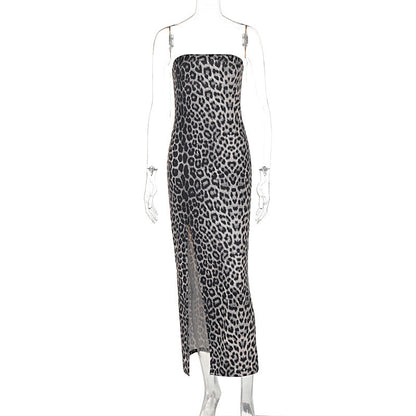 Leopard Print Slim Fit Slimming Tube Top Backless Split
