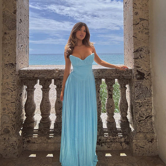 Elegant V Neck Pleated Dress Tube Top Maxi Dress Slim Fit Backless