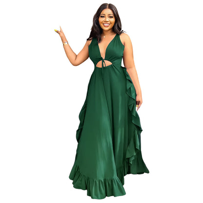 Backless Elegant Ruffle High Waist Crop Top Spaghetti Strap Dress