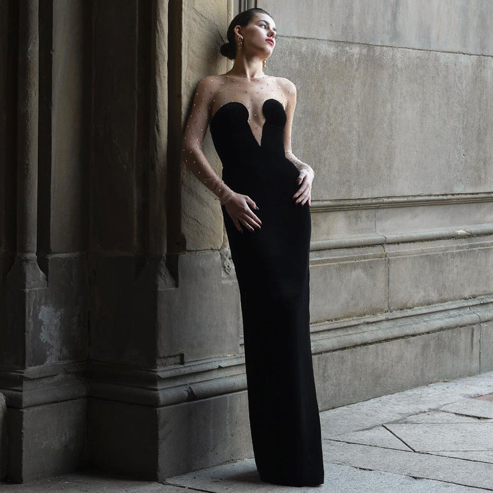 Mesh Semi Transparent Particle Tube Top Long Sleeve Velvet Dress