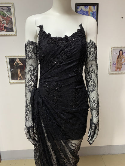 Internet Celebrity Wear Tube Top Lace Off The Shoulder High Slit Black Maxi Dress Birthday Catwalk Party Evening Dress